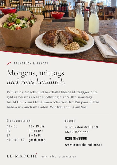 Rückseite des Flyers: Frikadelle mit Senf, Cornichons und Baguette, Salat im Karton und Limonade. Morgens, mittags und zwischendurch, mit Öffnungszeiten und Adresse.