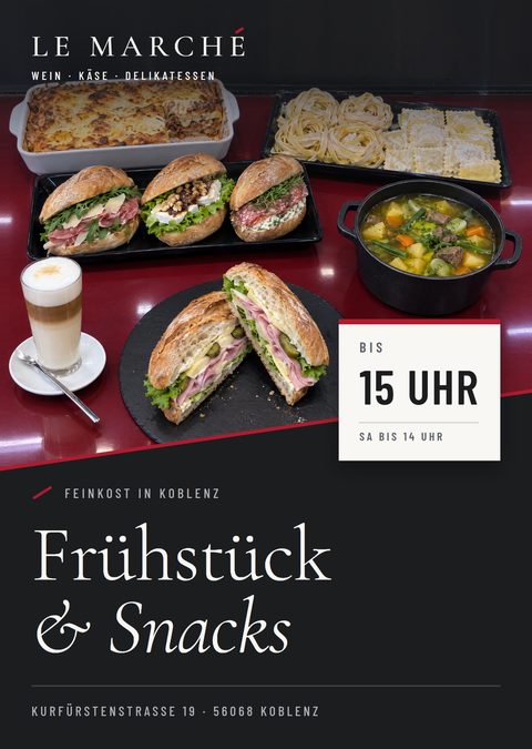 Vorderseite des Flyers: Sandwich, belegte Brötchen, Eintopf, Lasagne, Pasta und Latte macchiato auf der roten Theke. Frühstück und Snacks bis 15 Uhr, samstags bis 14 Uhr.